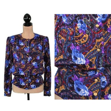 80s Polyester Jacquard Blouse Medium, Peplum Top Dressy Long Sleeve, Abstract Print Button Up, 1980s Clothes Women Vintage NICOLA Size 8 