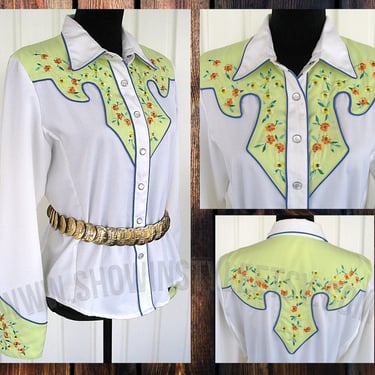 Vintage Retro Women's Cowgirl Western Shirt by Scully, Rodeo Blouse, Embroiderd Gold & Yellow Flowers, Tag Size Medium (see meas. photo) 
