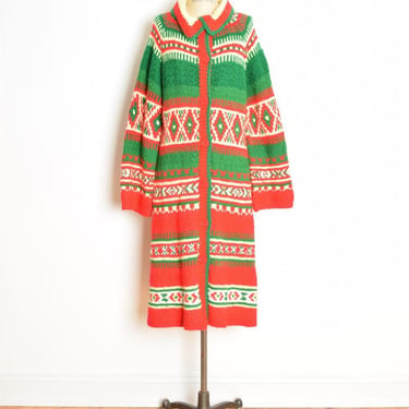 vintage 70s sweater coat duster red green yellow fairisle cardigan jumper M L clothing 