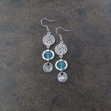 Mid century modern baby blue frosted glass and silver earrings 