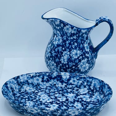 Vintage Victoria Ware Ironstone Pitcher and Dish  Flow Blue Calico Floral Pattern 5”- 7" Excellent condition 