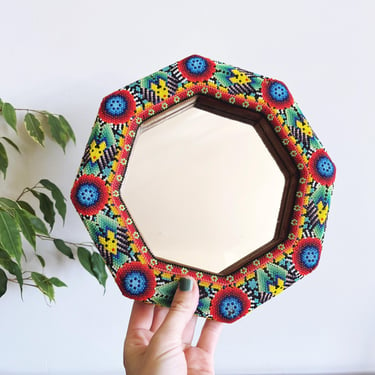 Vintage Huichol Beaded Mirror - Made in Mexico 