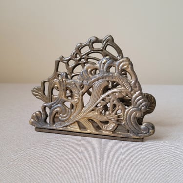 Ornate brass napkin/mail holder Scroll letter rack Traditional table decor Victorian home 