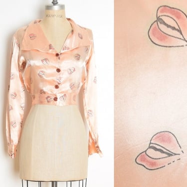 vintage 70s top satin novelty MOUTH print disco crop top shirt blouse M peach clothing 