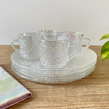 Vintage Soreno Snack Set by Anchor Hocking - Iridescent Aurora Plates and Cups - Pressed Bark Glass Design - Set of 8 (4 Cups and 4 Plates) 