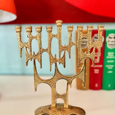 Vintage Brutalist Brass Hanukkah Menorah / Candelabra Wainberg Israel / Brutalist Brass Menorah/ Gold Mid Century Candle Holder/ 1950s 