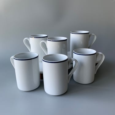 Set of 6 Dansk Bistro Christianshavn Blue and White Porcelain Coffee Mugs 