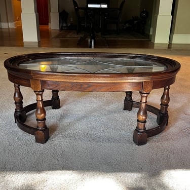 Unique Oval Wood Coffee Table W/Leaded Glass Top  GK253-20