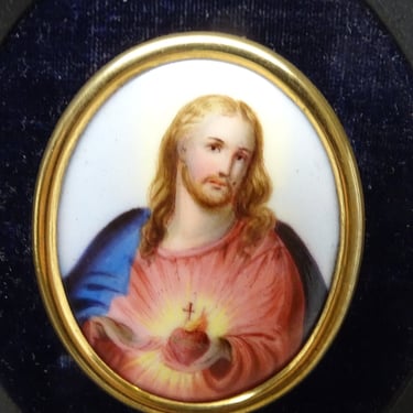 Antique Hand Painted  Miniature Portrait of Jesus Christ in Hand Carved Wooden Frame, Vintage Sacred Heart Religious Painting 
