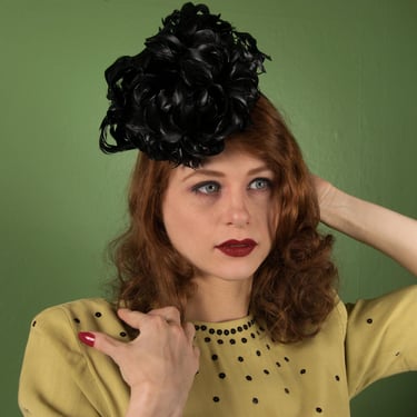 1940s Hat - Bold Vintage 40s Statement Tilt Hat in Glossy Black Curled Rooster Feathers 