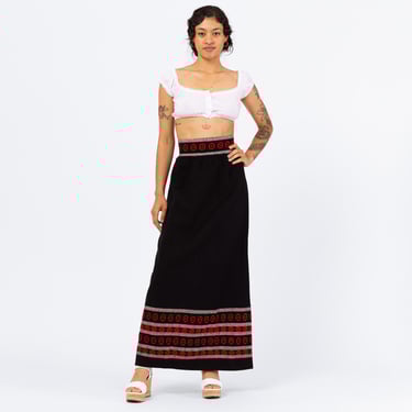 Vintage 70s Woven Black & Red Wool Maxi Skirt - Small, 27