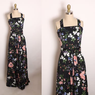 1970s Black, White, Blue, Green and Pink Floral Criss Cross Wide Strap Full Length Dress -S 