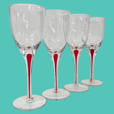 Vintage Wine Glasses Retro 2000s Y2K + Pier 1 + Red Teardrop Stems + Clear Glass + Set of 4 + Barware + Drinking Alcohol + Modern Glassware 