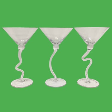 Vintage Martini Glasses Retro 1990s Contemporary + Clear Glass + Wavy Stems + Handblown + Set of 3 + Drinking + Alcohol + Modern  Barware 