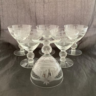 Set of 2 Vintage Etched Large 6 OZ Cocktail Coupe Glasses, McBride, Ball Stem, Swags Lattice Fans Garland Streamer Lines, Mid Century Modern 