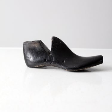 antique black shoe form, wood shoe last, wooden cobbler's foot last 