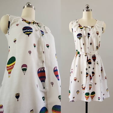 1970s Hot Air Balloon Print Dress with Matching Belt and Pockets 70's Dress 70s Women's Vintage Size Medium 