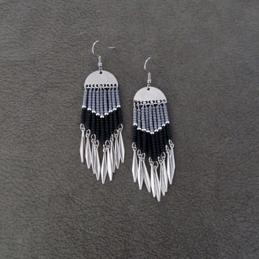 Black and silver long seed bead earrings 