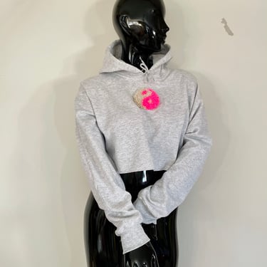 Heather Gray Cropped Sweatshirt Tufted Neon Pink Yin-Yang, Birthday Gift, Handmade 