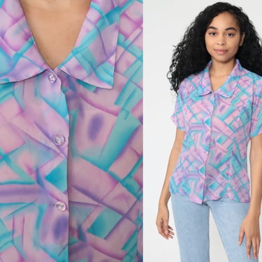 Y2K Button Up Shirt Purple Blue Geometric Shirt Print 00s Short Sleeve Blouse Op Art Top Vintage Polyester 2000s Medium 