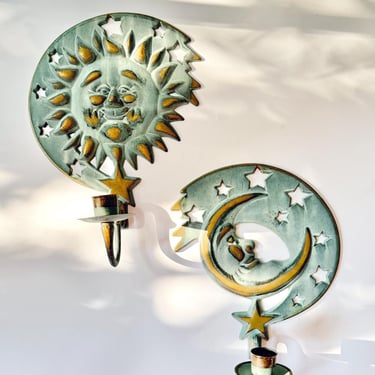 Vintage Brass Celestial Wall Candle Holders PAIR of Y2K 90s Partylite Sun and Moon Candlestick Sconces Gold Green Boho Decor Wall Hangings 