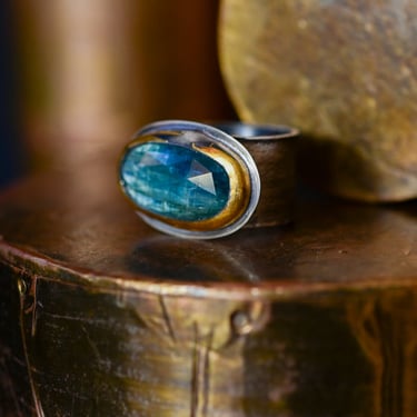 Oxidized Sterling Silver and 24K Gold Horizontal Kyanite Ring