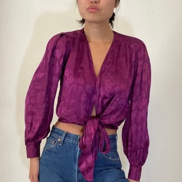 90s silk wrap balloon sleeve blouse / vintage violet silk jacquard floral tie wrap front puffed bishop sleeve blouse | M L 