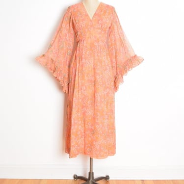 vintage 70s dress floral print angel sleeve cottagecore hippie boho maxi S M clothing 