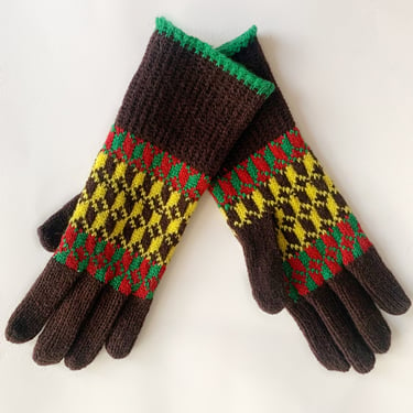 Deadstock 1940s Knit Wool Gloves - Brown, Green, and Yellow - Size M Narrow