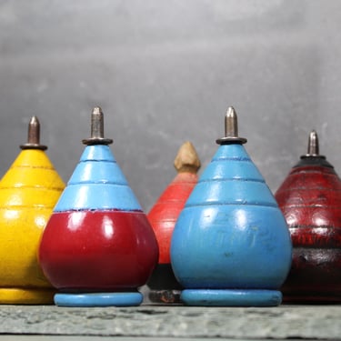 FOR TOY COLLECTORS! Set of 5 Vintage Wooden Spinning Tops | Blue, Red and Yellow Tops | Antique Toys 