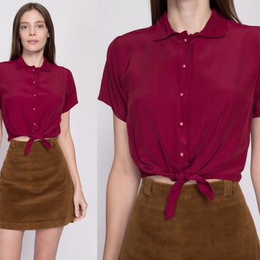XS 90s Maroon Tie Front Crop Top | Vintage Short Sleeve Button Up Collared Cropped Blouse 