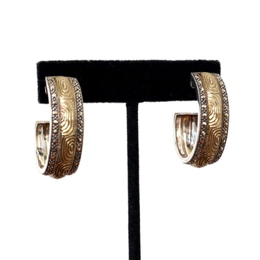 vintage 1990s sterling silver marcasite hoops • designer Judith Jack abstract statement hoops with gold vermeil swirls 