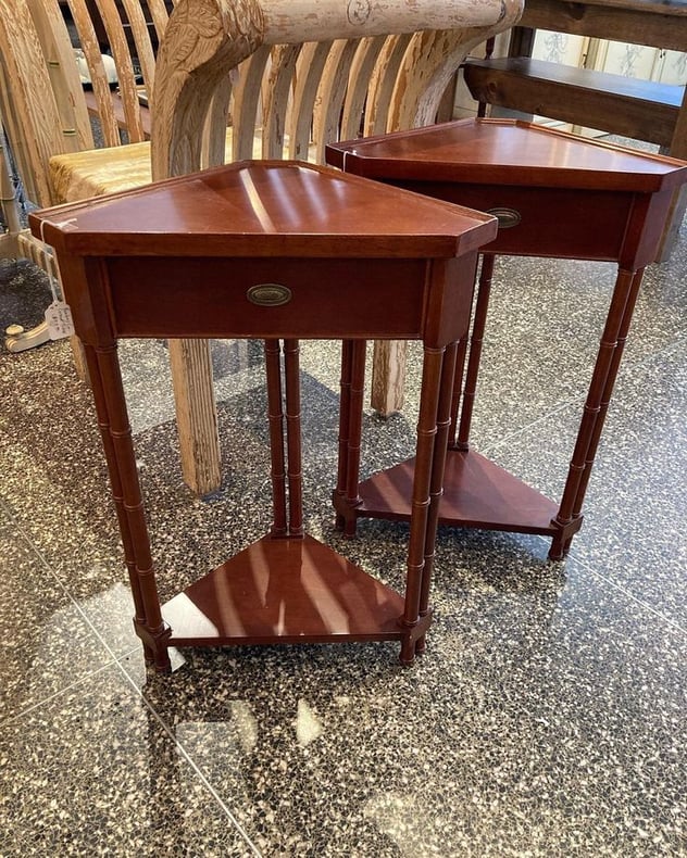 Two Bombay company corner tables. 19.5” x 10.5” x 28”