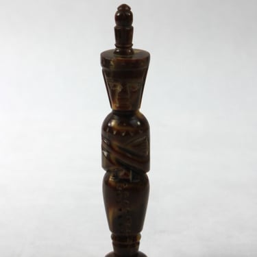 Art Deco Bakelite Perfume Bottle Carved Tiki Totem Brown Butterscotch Swirl 