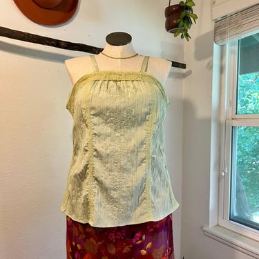 Unique Spectrum Sage Green Silky Ruched Floral Embroidered Tank Top Size 1X 