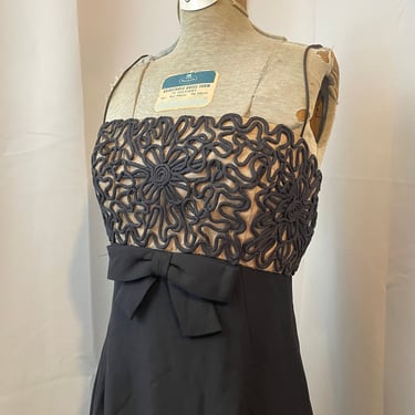 1960s Formal Gown Black Crepe Floral Appliqué Illusion Empire Bow Bodice XS 