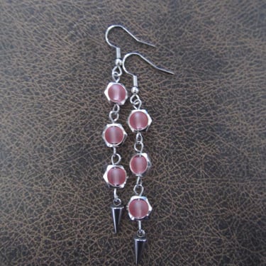 Long pink frosted glass and silver hexagon earrings 