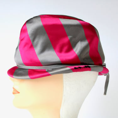 1930s Silk Satin Striped Magenta and Gray Short Brimmed Cloche Hat - Millinery Union Label - Vintage Ladies Dress Hat 