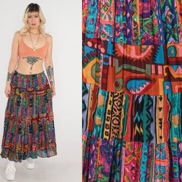 90s Tiered Broomstick Skirt Hippie Skirt PATCHWORK Geometric Skirt Bright Pink Blue Maxi Boho Bohemian 1990s Vintage Medium Large 
