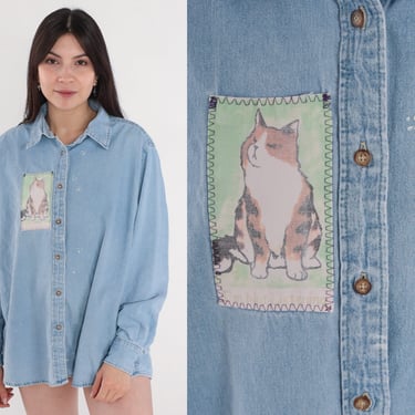 90s Cat Shirt Denim Button Up Shirt Jean Patch Shirt Paw Print Collared Top Animal Shirt Long Sleeve 1990s Vintage Cotton Extra Large xl 