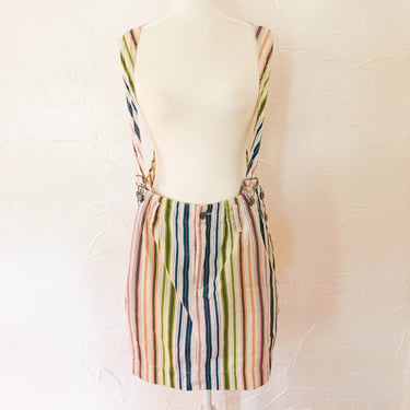 80s Rainbow Striped Cotton Overall Suspender Dress by Esprit | Large 