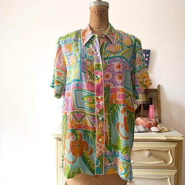 Vintage Bob Mackie Wearable Art silk shirt | colorful tropical print blouse, whimsical short sleeve top, ‘90s whimsy, M 