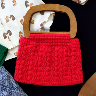 Unique Vintage 60s 70s Red Colored Knit Crochet Handbag with Wood Handles 