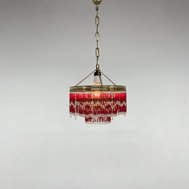 Mid Century Beaded Chandelier by Jablonec Glassworks, Czechoslovakia / Red and White Beads 