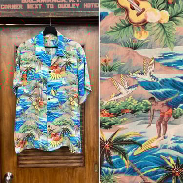 Vintage 50s Long Sleeve Hawaiian Shirt / 1950s Men's Rayon