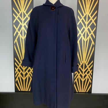 1950s coat, navy blue wool, cashmere coat, vintage 50s coat, overcoat, swing style, mrs maisel, rockabilly, classic, medium large, 38 