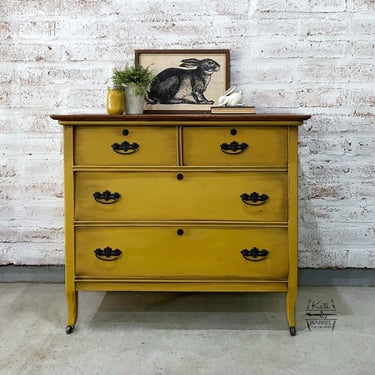 Vintage Yellow Four Drawer Oak Dresser 