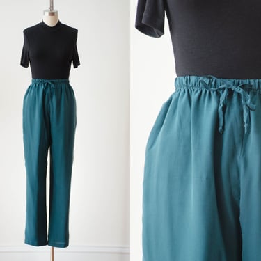 high waisted pants | 80s 90s plus size vintage dark forest green silk elastic waist relaxed fit athletic lounge pants 