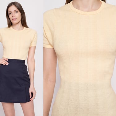 70s Yellow Ribbed Knit Fitted Top - Small | Vintage Scoop Neck Short Sleeve Shirt 