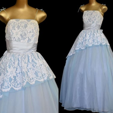 Vintage 50s Chiffon and Chantilly Lace Party Dress, Powder Blue Wedding Dress, Evening Gown, Full Skirted, Size XXS to XS 